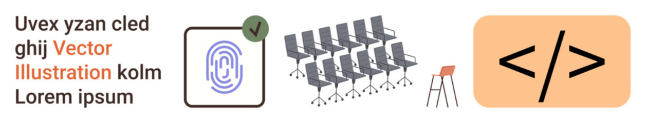 Security, authentication, workplace setup, software coding, data analysis, technology. Fingerprint icon, coding symbol and office chairs in a line. Security and workplace