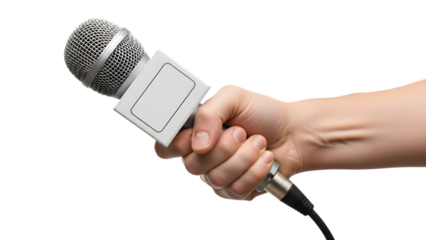 Hand holding microphone ready for interview against black background