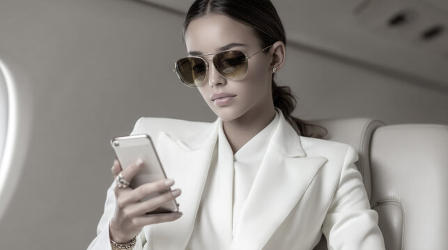 Dressed in a chic white suit, a confident woman sits in a luxurious private jet. She focuses on her smartphone, enjoying her travel experience with sophistication and style. Cloud Dancer Color 