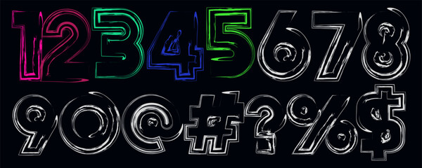 Colorful Numbers and Symbols with Brush Stroke Effect on Black Background