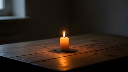 Candlelight on a Wooden Table, A Single Candle Burning Brightly in a Dark Room