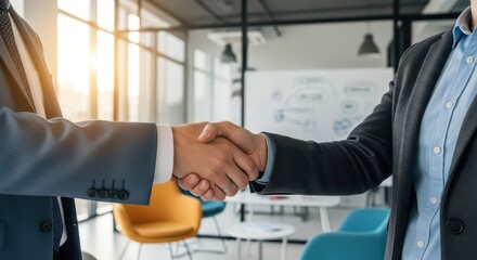 Business associates confirm an agreement with a firm handshake indoors.