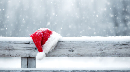 A red and white holiday hat covered in snow rests on a wooden fence with falling snow in the background. A winter scene embodying the seasonal spirit of Christmas and winter holidays.