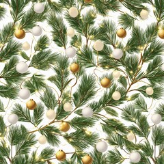 A seamless pattern of pine branches adorned with ornaments and twinkling lights.