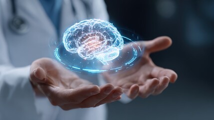 Brain Hologram: Medical professional carefully holds a luminous hologram of a human brain, symbolizing the marvels of science and the exploration of the mind.