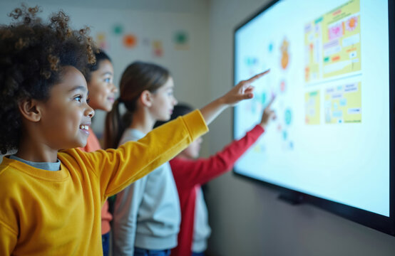 Children interact with digital board in modern classroom. Diverse students learn together, pointing at screen. Young pupils engage in interactive lesson, using smart tech for education. - Powered by Adobe