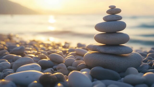 Pebbles at beach form stack of stones with sunset in background.
