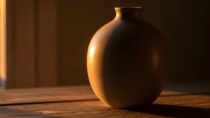Earthy Vase in Golden Hour Light, Still Life with Simple Ceramic Vase on Rustic Wooden Table