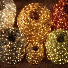 Intricate coils of string lights exude a warm glow. The arrangement showcases diverse lighting hues.
