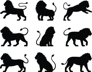 PrintBlack silhouettes of male lions in various poses, including walking, jumping, and sitting, representing strength, power, wildlife, and African savanna animals, isolated on white background.
