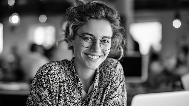 Profile lateral photograph of young cheerful female faceless workplace designer expert sitting at table wearing eyewear developing website indoors, happy developer portrait, positi