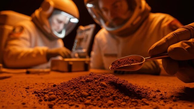 Astronauts analyze soil samples in a strange place using tools and equipment for research