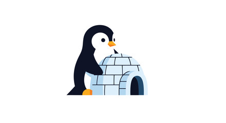 Cartoon penguin stands next to a blue igloo