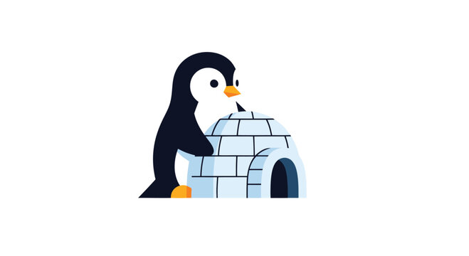 Cartoon penguin stands next to a blue igloo