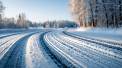 Snowy road curves through winter forest