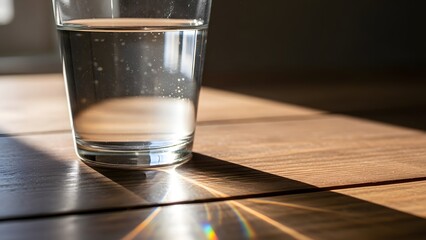 A Refreshing Glass of Water on a Wooden Table in Sunlight, Play of Light and Water: A Glass on Wood Creating a Prism
