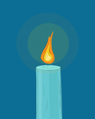 A vector cartoon illustration of a lit blue candle with a vibrant orange flame against a dark blue background.