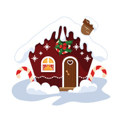 Christmas gingerbread house set | Holiday house, candy canes, snowy roof, wreath, red door, white frosting, chimney, sweet decoration, festive icons