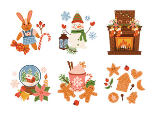 Holiday Christmas illustration set | Fireplace, gingerbread, snowman, bunny, hot chocolate, snow globe, stockings, candy cane, presents, pine branches