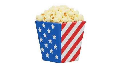 Popcorn in american flag bucket 3d render for movie snack icon