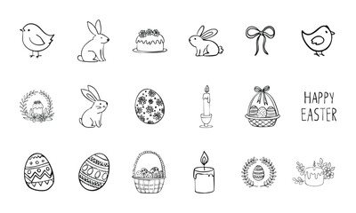 Easter holiday sketch icons | Bunny, Easter eggs, chick, basket, decorated egg, spring egg, hand-drawn bunny, chick illustration, bow, candle, festive egg, Easter basket, happy Easter