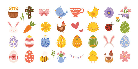 Easter watercolor clipart set | Eggs, bunnies, chicks, flowers, Easter bunny, Easter chick, basket, carrot, sunflower, butterfly, bird, heart, pastel egg