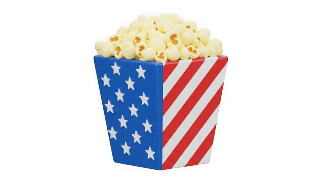 Popcorn in american flag bucket 3d render for movie snack icon