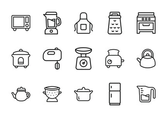 Kitchen Appliance Icon Set | Editable Stroke | Microwave, Blender, Oven, Toaster, Refrigerator, Kettle, Hand Mixer, Mixing Bowl, Cooking Pot, Apron icons