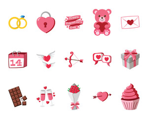 Valentine's Day icon set | Rings, hearts, teddy bear, gifts, cupcake, chocolate, rose bouquet, calendar, lock, arrow, cupid, letter, envelope
