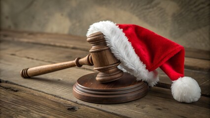 Santa claus hat on wooden judge gavel, closeup.
