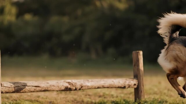 A brown and black dog with a fluffy tail leaps over a low wooden hurdle in a sunlit, grassy outdoor setting.