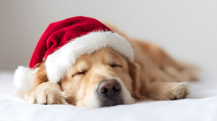 A sleeping golden retriever dog wearing a red and white Christmas hat. The dog is laying down on a white sheet with its eyes closed, creating a sense of peace and relaxation.