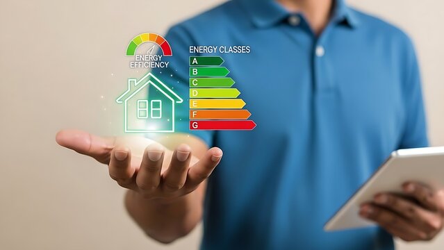 Energy efficient home concept with hand holding a house icon and energy rating
