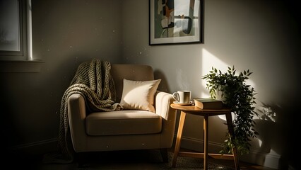 Cozy Reading Nook with Armchair and Coffee, Warm Lighting in a Comfortable Living Space