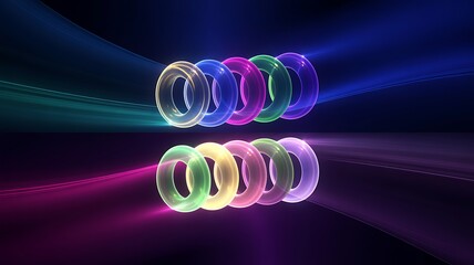 Illustration of glowing neon rings in abstract light tunnel