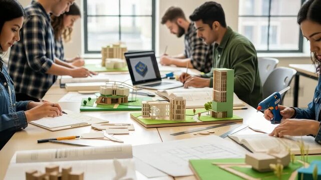 Students are building models and discussing projects in an architecture class during the day