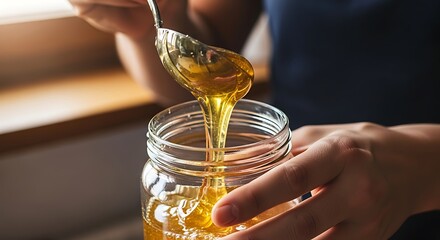 Golden honey dripping from a spoon into a glass jar, healthy sweetness