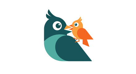 Stylized image of a big teal bird and a smaller orange bird interacting