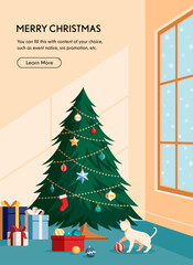 Cozy Interior Flat Illustration of a Christmas Tree, Gifts, and a Cat by the Winter Window.