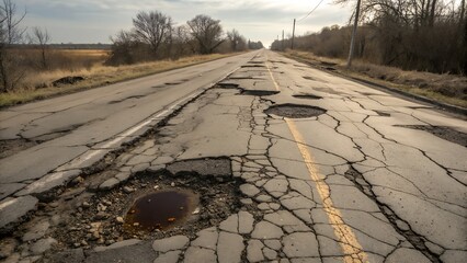 Potholes on bad asphalt road.
