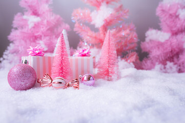 Pink Christmas Holiday Scene with Gifts Candy and Frosted Trees