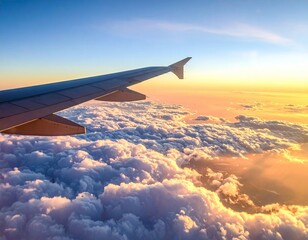 Fototapeta premium Aerial view of a plane wing soaring above a fluffy, cloud-filled expanse bathed in golden sunlight