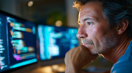 Portrait of middle-aged male faceless software developer, experienced technology professional representation, mature programmer headshot, senior coding specialist, seasoned softwar