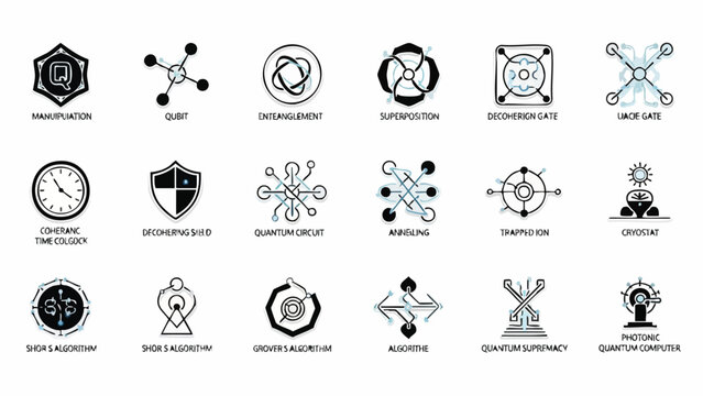 Quantum Computing and Physics Icons Set: Modern Vector Symbols for Technology, Science, and Advanced Concepts in Black and White Outline Style