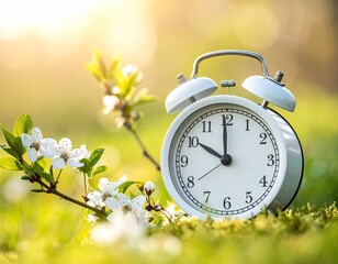 White alarm clock beside flowering branch in grassy, sunlit outdoor scene