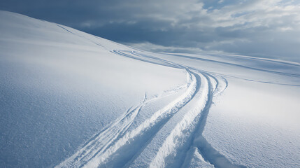 Obraz premium Tracks snake across a snowy expanse beneath a moody sky, promising adventure and solitude. The crisp white landscape is marked only by the trails left behind.