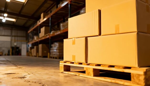 Warehouse storage boxes on pallet with shelves full of inventory logistics and supply chain management.
