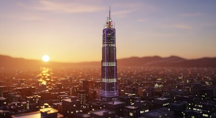 Futuristic skyscraper dominates a densely built metropolis during a warm evening twilight