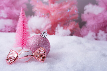 Pink Christmas Holiday Scene with Gifts Candy and Frosted Trees