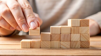 A man playing with brown wooden blocks on the floor, building a house and stacking cubes